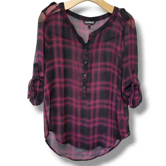 Express women's Burgundy plaid roll up sleeves semi-sheer Blouse  - small - Picture 1 of 8